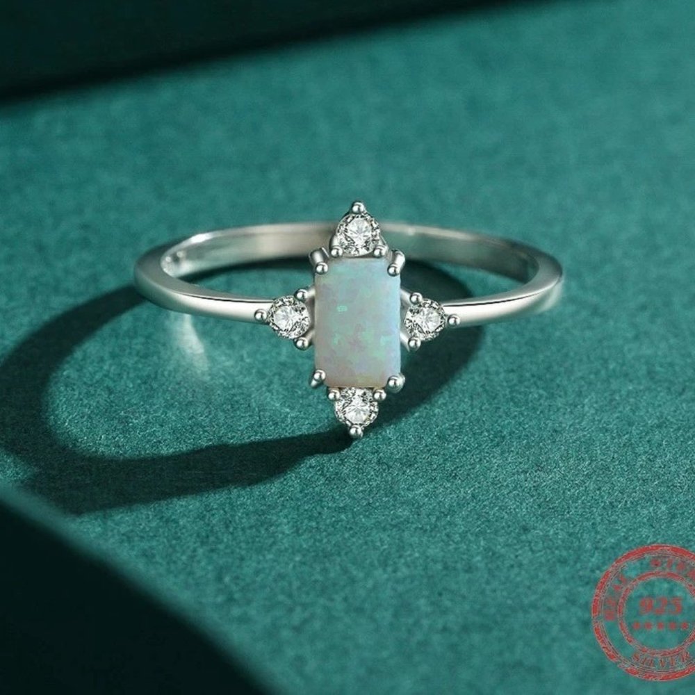 NEW S925 Sterling Silver Opal Rectangle Ring, Size 7